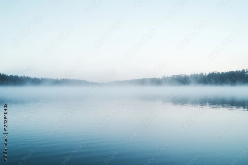 serene landscape with fog rolling over a quiet lake at dawn, evoking a demure and contemplative atmosphere, minimal background with copy space serene landscape with fog rolling over a quiet lake at dawn, evoking a demure and contemplative atmosphere, minimal background with copy space