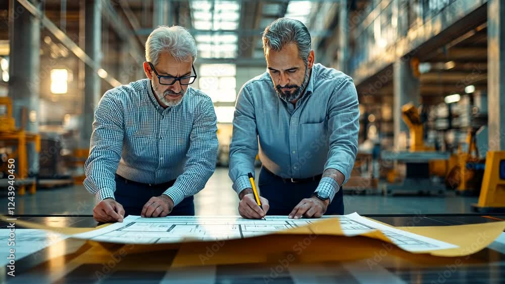 Two engineers collaborating on blueprints in a modern industrial workspace Two engineers collaborating on blueprints in a modern industrial workspace