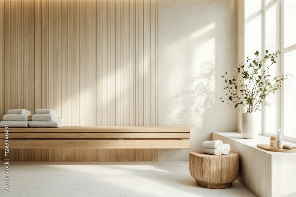 Fototapeta premium Scandinavian spa interior with a sauna, wooden benches, and soft towels, surrounded by natural elements, minimal background with copy space 