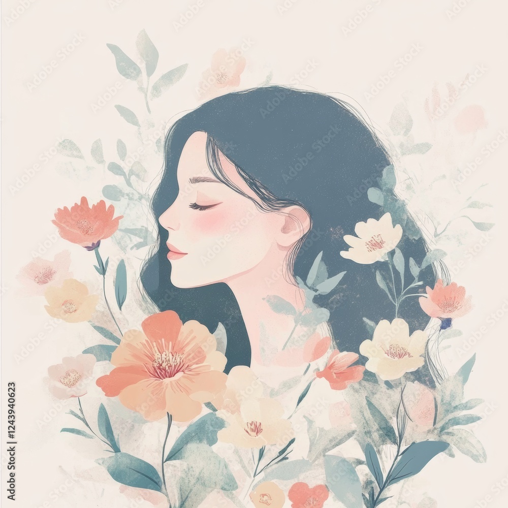 spring bloom soft pastel illustration of a woman surrounded by blooming flowers, embodying gentle femininity spring bloom soft pastel illustration of a woman surrounded by blooming flowers, embodying gentle femininity