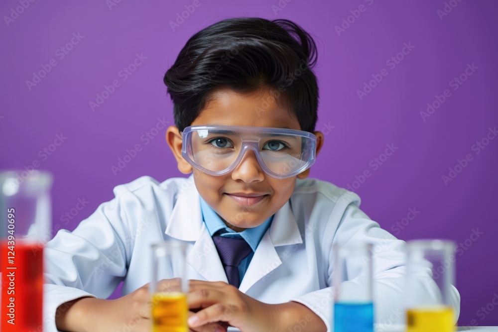 A Young Scientist Conducting Experiments in a Colorful Lab Setting, Wearing Protective Eyewear and a Lab Coat, Ready to Explore the World of Chemistry and Science in a Bright Atmosphere A Young Scientist Conducting Experiments in a Colorful Lab Setting, Wearing Protective Eyewear and a Lab Coat, Ready to Explore the World of Chemistry and Science in a Bright Atmosphere