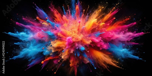 Vibrant powder explosion with dynamic color bursts and striking contrast against a dark background