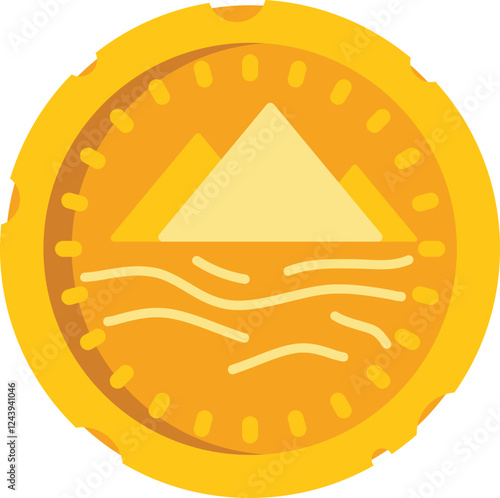 Gold coin featuring a depiction of the egyptian pyramids rising above the nile river