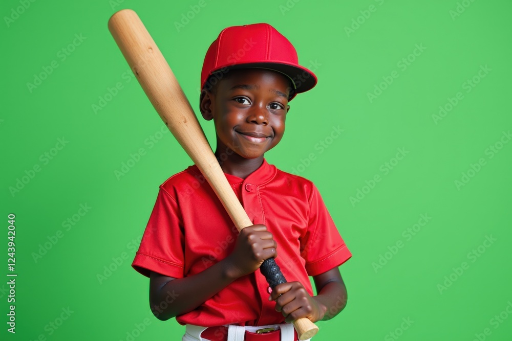 A Young African-American Boy in a Bright Red Baseball Uniform Smiling Enthusiastically While Holding a Wooden Bat Against a Green Background A Young African-American Boy in a Bright Red Baseball Uniform Smiling Enthusiastically While Holding a Wooden Bat Against a Green Background