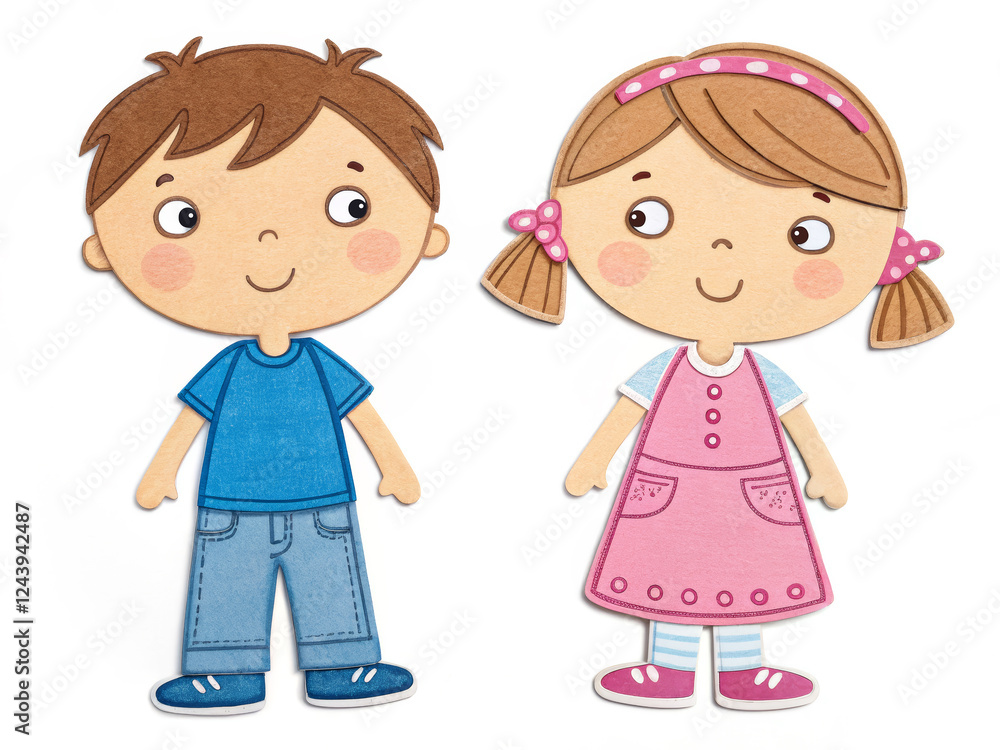 Cute drawn kids in colorful outfits: boy in blue, girl in pink with pigtails and polka dots Cute drawn kids in colorful outfits: boy in blue, girl in pink with pigtails and polka dots