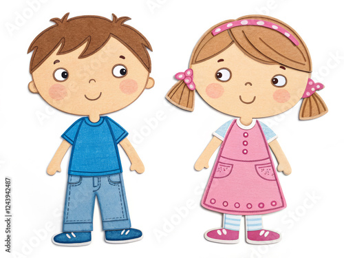 Cute drawn kids in colorful outfits: boy in blue, girl in pink with pigtails and polka dots