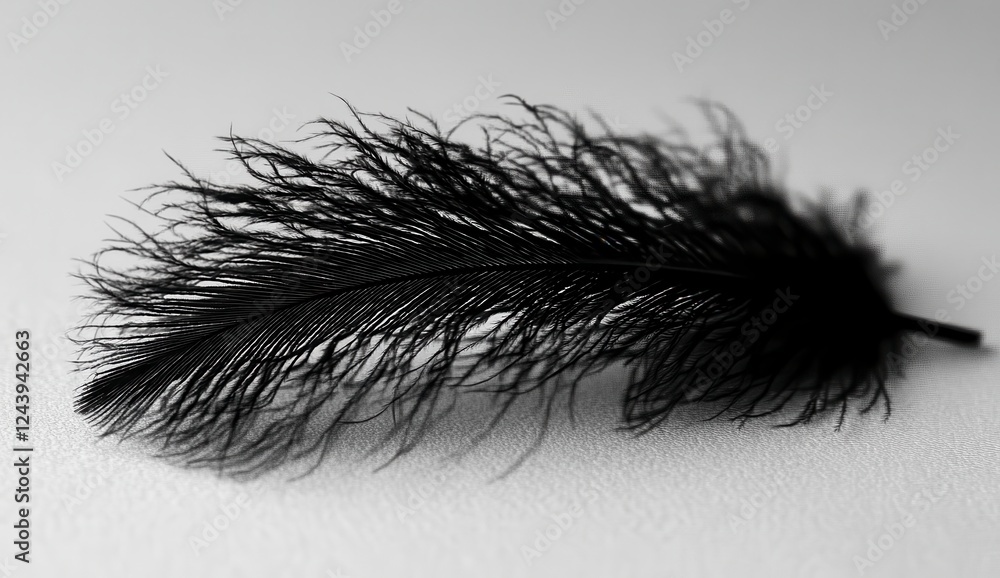 Obraz premium Single black feather on a light gray background. Close up shot with focus on fine details and texture. Monochromatic, high key lighting