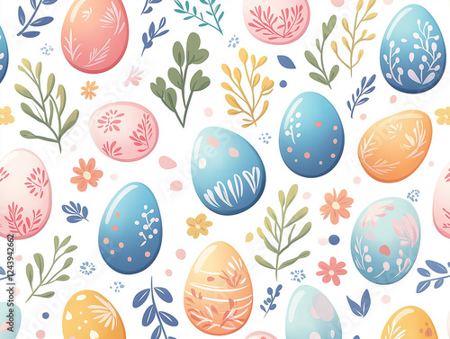 Delightful floral pattern featuring colorful decorative eggs nestled among cheerful foliage and blooms in a springtime celebration. Generative AI