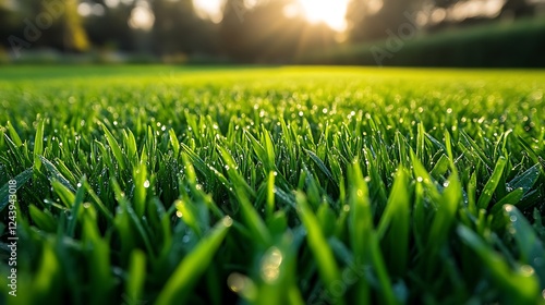 Dewdrops Glisten on Lush Green Grass in Sunlight