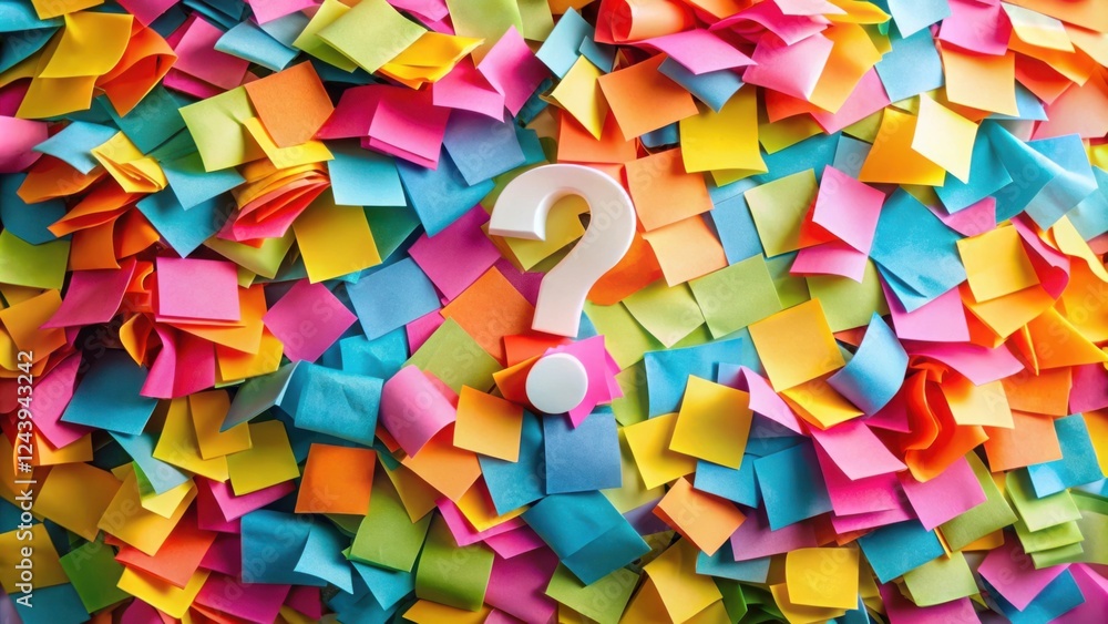 A multitude of colorful notes surround a question mark, symbolizing uncertainty and the overwhelming nature of many tasks. A multitude of colorful notes surround a question mark, symbolizing uncertainty and the overwhelming nature of many tasks.