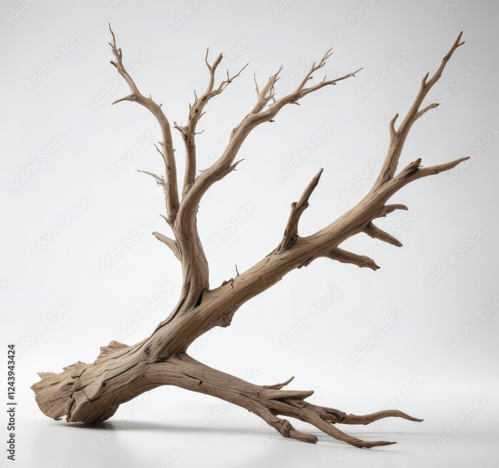 Fototapeta premium Weathered rustic driftwood branch isolated on white background , curvy, beach, nature