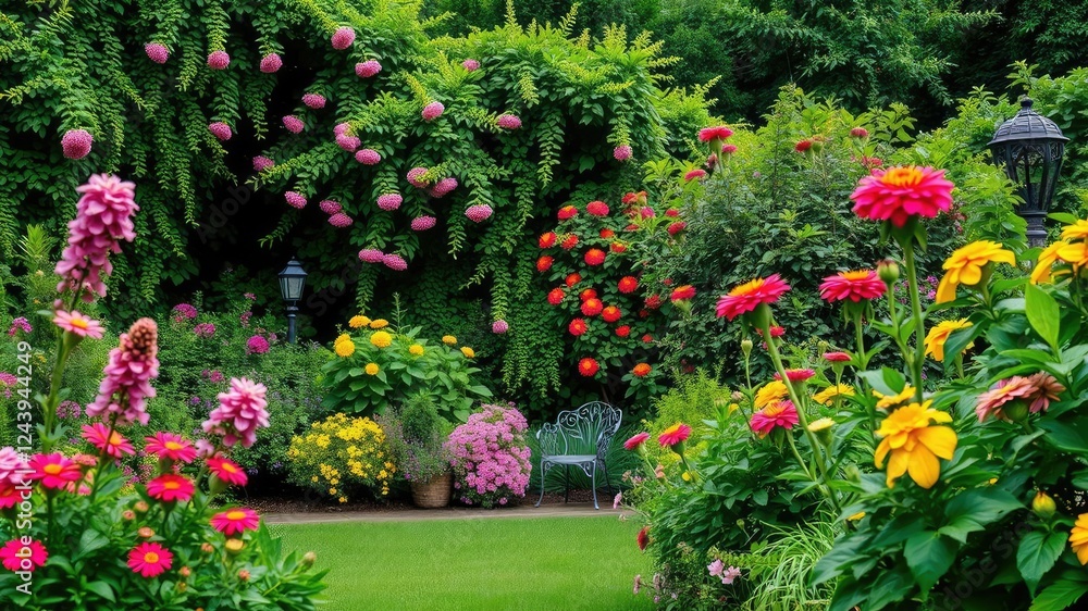 Fototapeta premium Lush greenery and vibrant flowers in a well-maintained garden with outdoor furniture, flowerbeds, gardening, garden