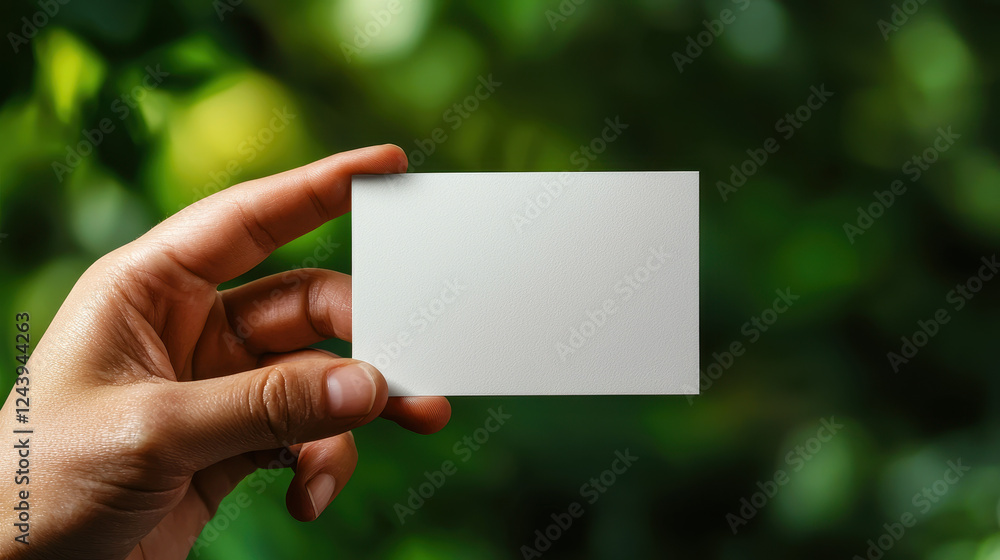 hand holding blank card against blurred green background, symbolizing potential and creativity hand holding blank card against blurred green background, symbolizing potential and creativity
