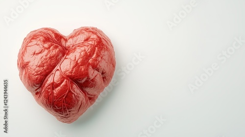Unique red heart shaped object made of wrinkled material on light background for creative visual projects