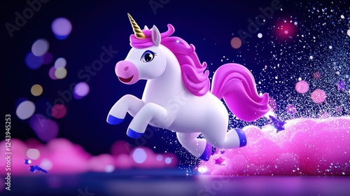 White Unicorn with Pink Mane Running on Pink Glitter Trail