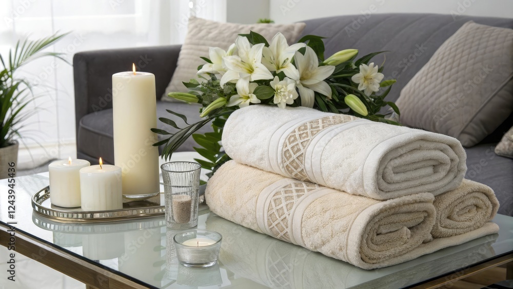 Luxurious towels draped over a modern coffee table with an elegant flower arrangement and pillar candles, warmth, floral arrangement, interior design, modern decor Luxurious towels draped over a modern coffee table with an elegant flower arrangement and pillar candles, warmth, floral arrangement, interior design, modern decor