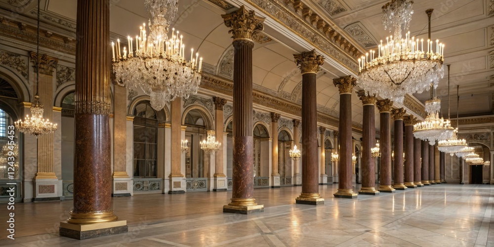 Obraz premium Luxurious palace hall with slender bronze pillars and crystal chandeliers, lavish decor, rich textures, regal furnishings