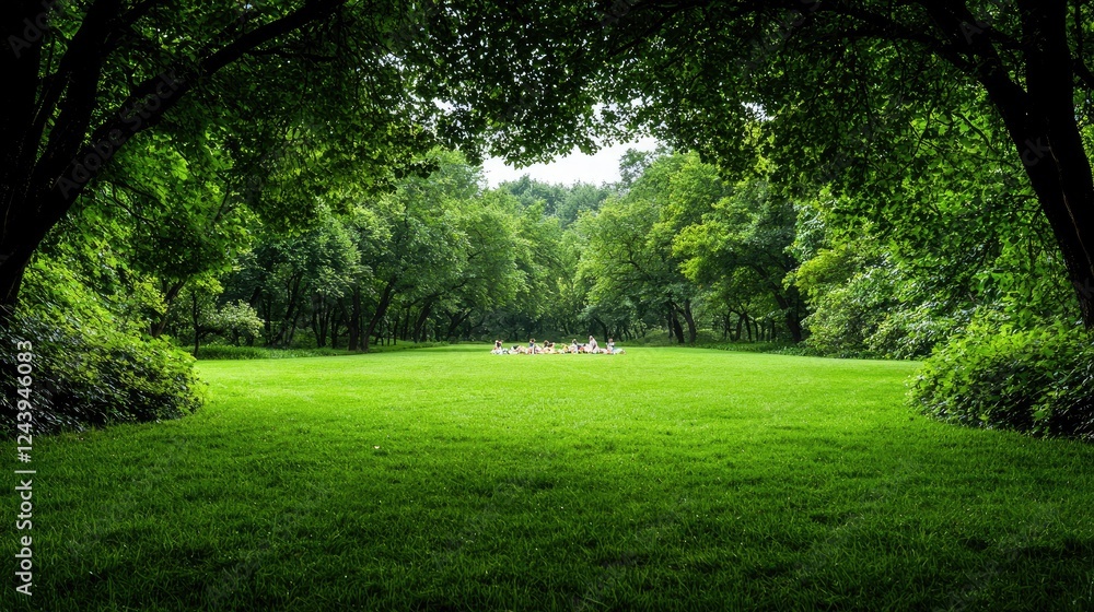 Lush green park, people relaxing, trees arching, nature scene, tranquil Lush green park, people relaxing, trees arching, nature scene, tranquil