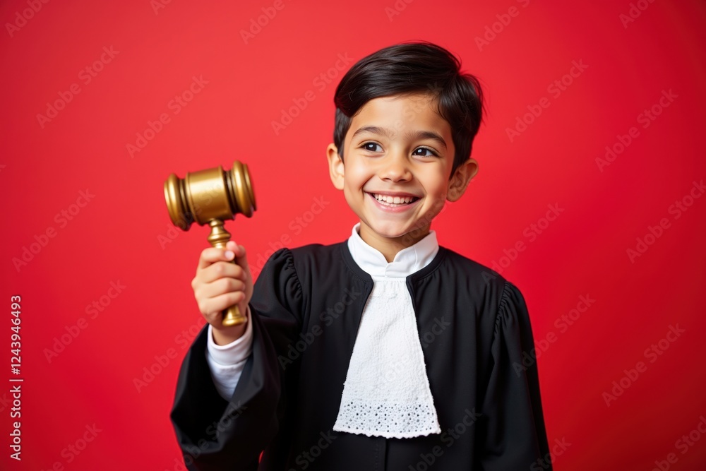 A Young Boy Dressed as a Lawyer Holding a Gavel in Front of a Bright Red Background, Radiating Joy and Enthusiasm for Justice A Young Boy Dressed as a Lawyer Holding a Gavel in Front of a Bright Red Background, Radiating Joy and Enthusiasm for Justice