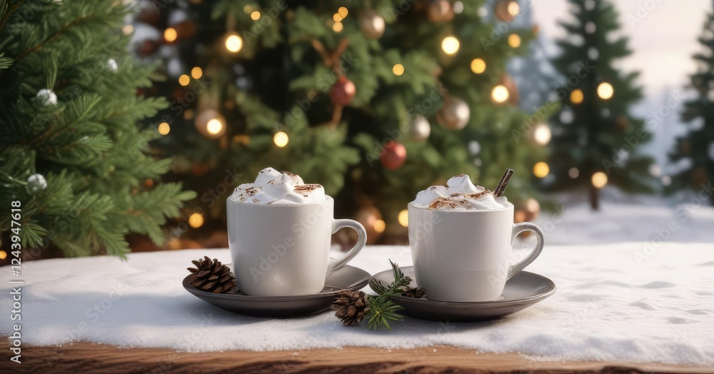 custom made wallpaper toronto digitalMarshmallow-topped coffee on a snowy day near a festive Christmas tree and evergreen branches, Christmas tree, frosty air