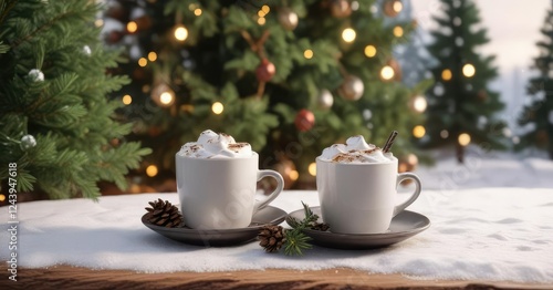 Wallpaper Mural Marshmallow-topped coffee on a snowy day near a festive Christmas tree and evergreen branches, Christmas tree, frosty air Torontodigital.ca