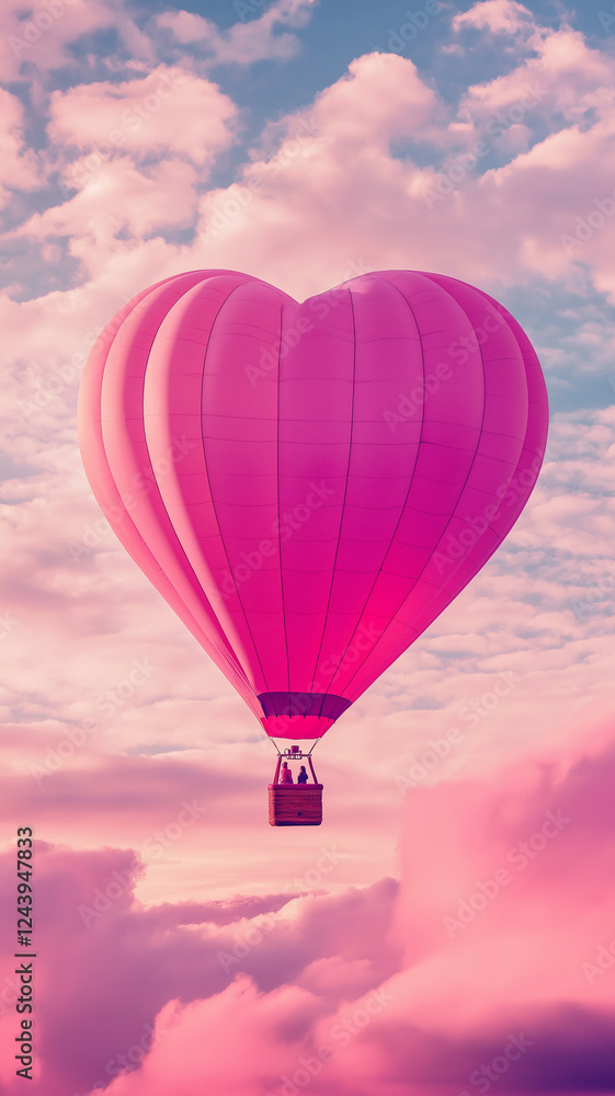 Obraz premium Valentine's day magic in the sky with a vibrant heart-shaped hot air balloon drifting through the soft pastel clouds. Generative AI