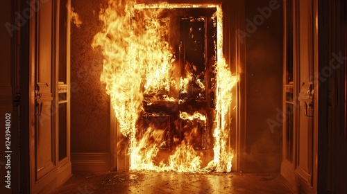 Intense Fire Engulfing Wooden Doorway in Old House Dramatic Flames