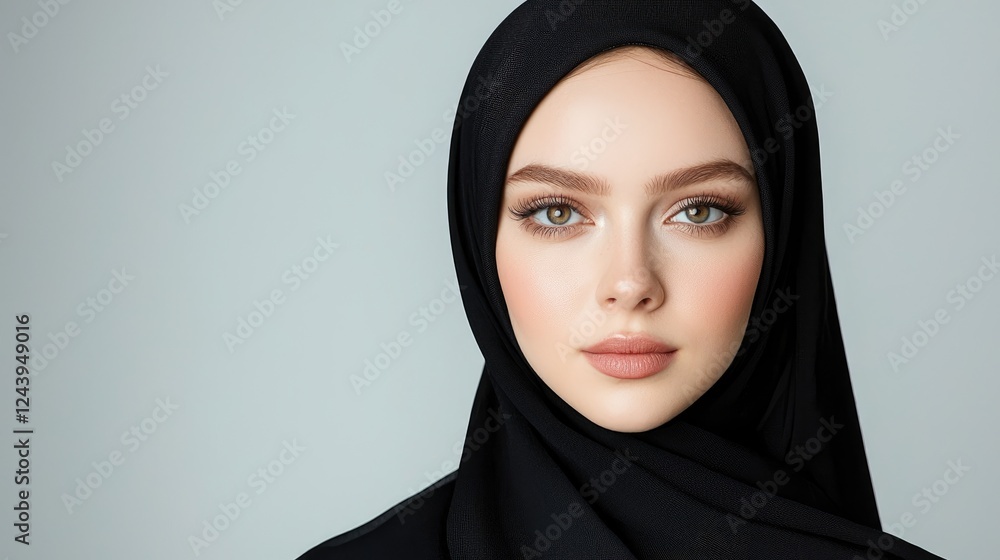 Woman wearing hijab, studio portrait, neutral background, beauty
