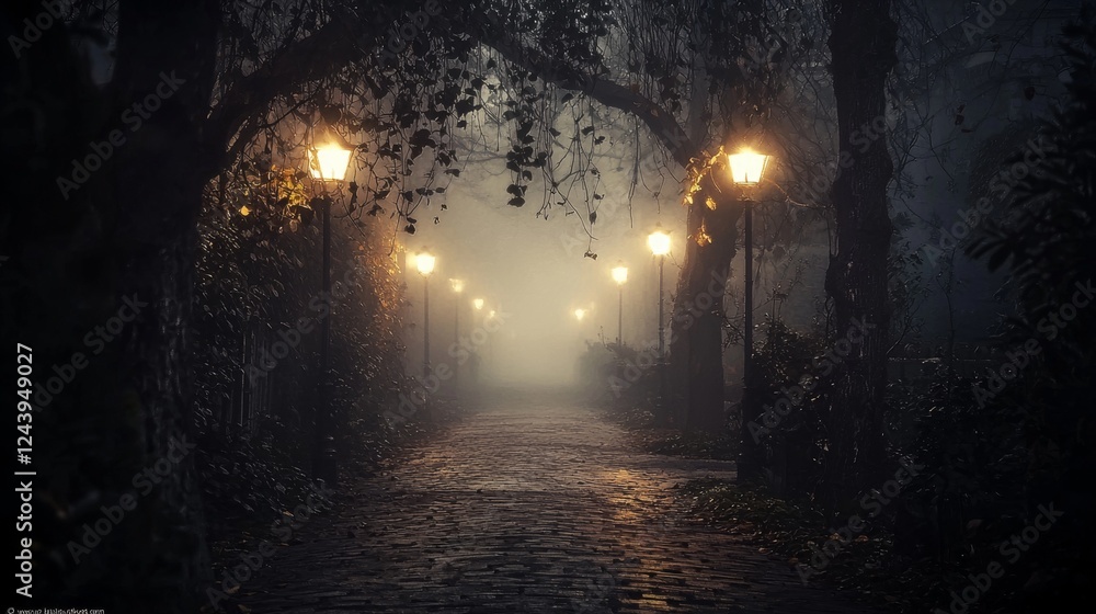 Mystical Foggy Night Path with Glowing Streetlights Cobblestone Road Autumn Trees Mystical Foggy Night Path with Glowing Streetlights Cobblestone Road Autumn Trees