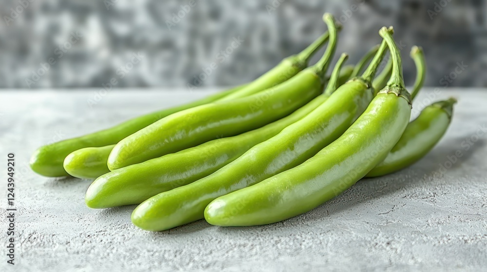 Fresh green chili peppers on gray surface, blurred background Fresh green chili peppers on gray surface, blurred background