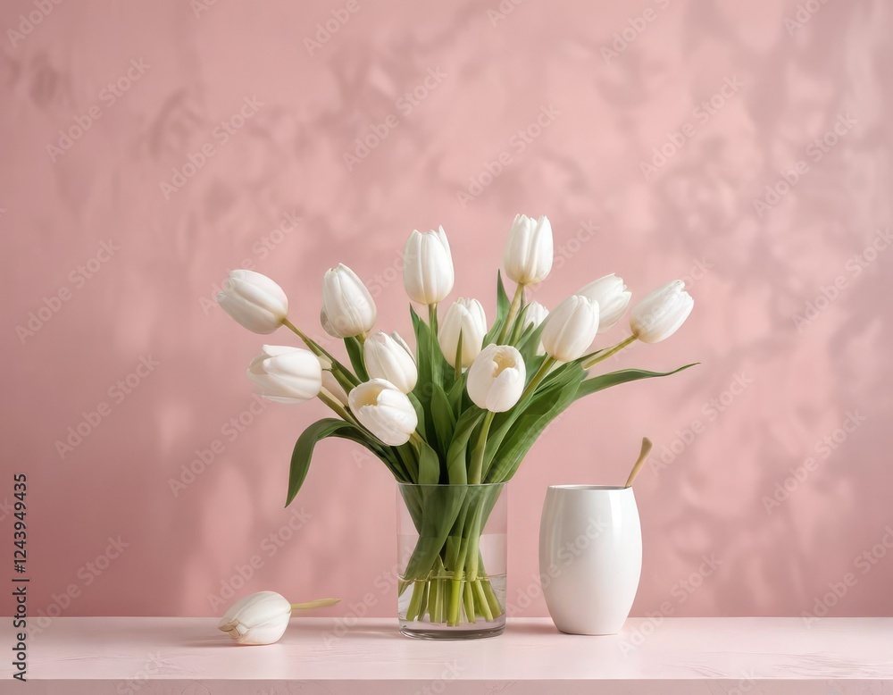Minimalist spring arrangement featuring white tulips on a light pink surface, fresh, soft, elegant, bright Minimalist spring arrangement featuring white tulips on a light pink surface, fresh, soft, elegant, bright