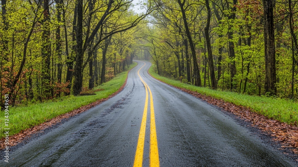 Obraz premium Scenic Winding Road Through Lush Spring Forest After Rain