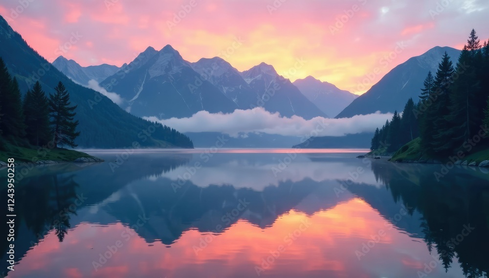 misty mountain lake reflected in calm water at dusk, reflection, nature, calm misty mountain lake reflected in calm water at dusk, reflection, nature, calm