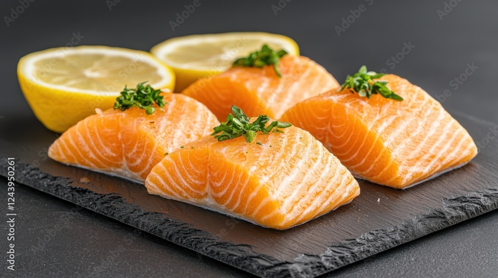 Fresh Salmon Fillets with Herbs and Lemon Slices on Black Slate Serving Board for Culinary Presentation Fresh Salmon Fillets with Herbs and Lemon Slices on Black Slate Serving Board for Culinary Presentation