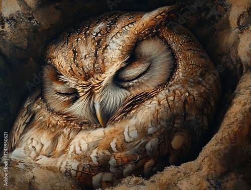 Sleeping Owl in a Cozy Nest. Generated AI photo