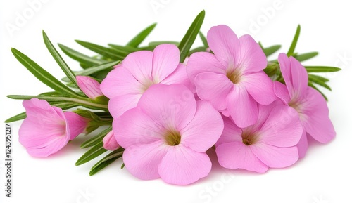 Close up of delicate light pink flowers with green leaves, isolated on a white background. Soft lighting enhances the petals' texture