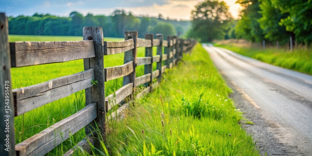 Rustic wooden fence alongside a country road during golden hour Rustic wooden fence alongside a country road during golden hour