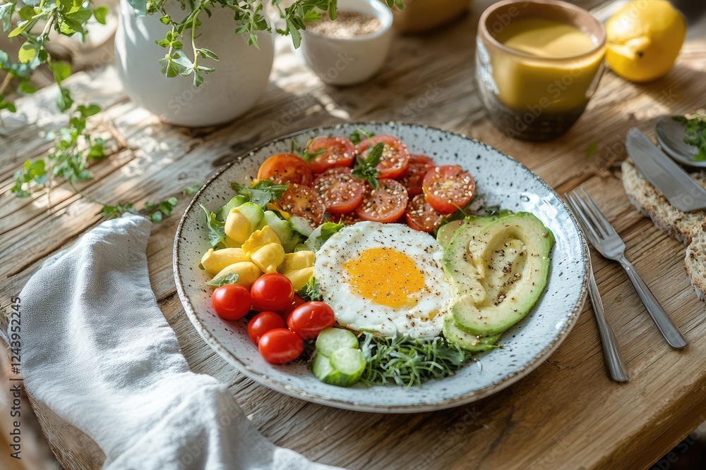 Healthy breakfast with vegetables, avocado, and egg. Healthy breakfast with vegetables, avocado, and egg.