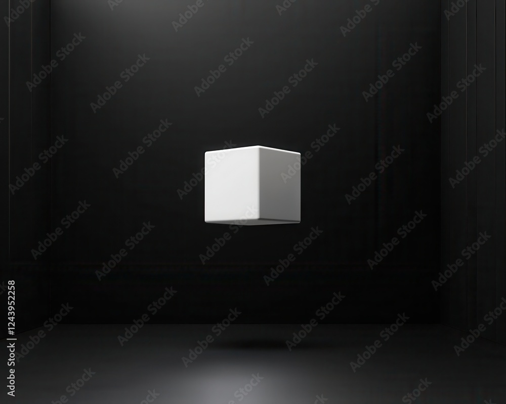 A black room with a single white holographic cube levitating in total silence A black room with a single white holographic cube levitating in total silence
