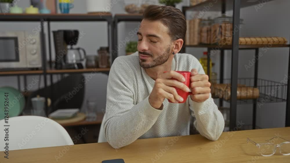 Young man with beard in office setting holding a red mug, looking thoughtful, surrounded by kitchen items and a pair of glasses on a table, creating a relaxed indoor atmosphere. Young man with beard in office setting holding a red mug, looking thoughtful, surrounded by kitchen items and a pair of glasses on a table, creating a relaxed indoor atmosphere.
