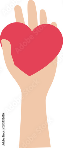 Illustration of a hand holding a red heart. The image represents love, kindness, generosity, charity and support. The simple and modern design makes it ideal for implementing concepts related to commu