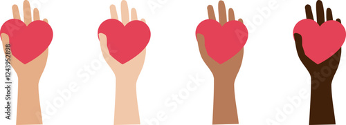 Set with hands holding a red heart. The image represents love, kindness, generosity, charity and support. The simple and modern design makes it ideal for implementing concepts related to community ser