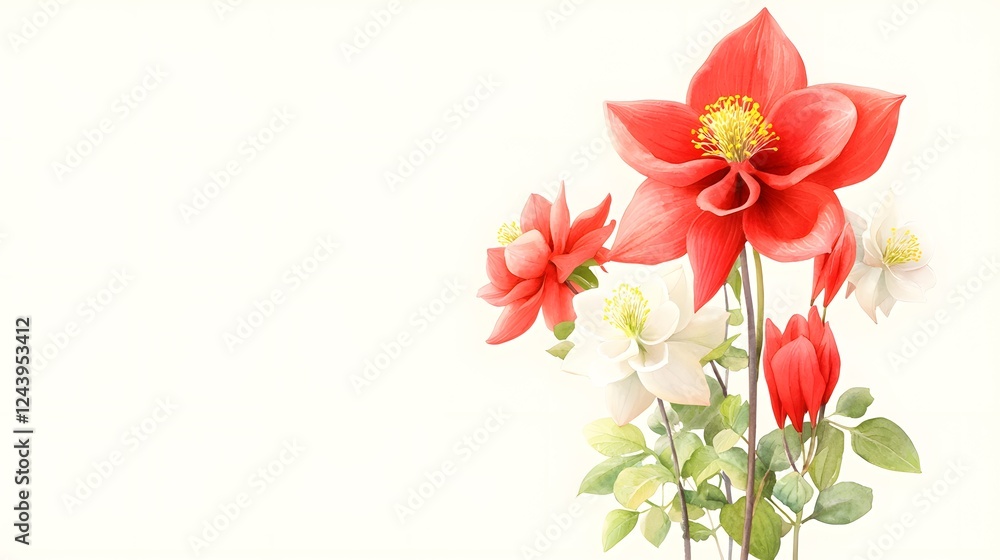 Fototapeta premium Vibrant Red and White Flowers with Green Leaves on Light Background