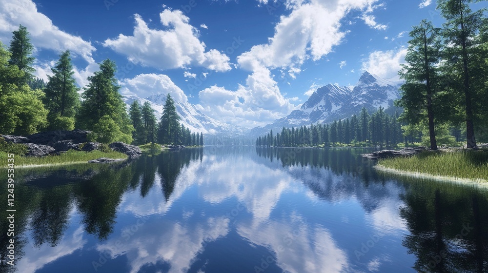 Majestic mountain landscape with serene lake under a bright blue sky filled with fluffy clouds Majestic mountain landscape with serene lake under a bright blue sky filled with fluffy clouds