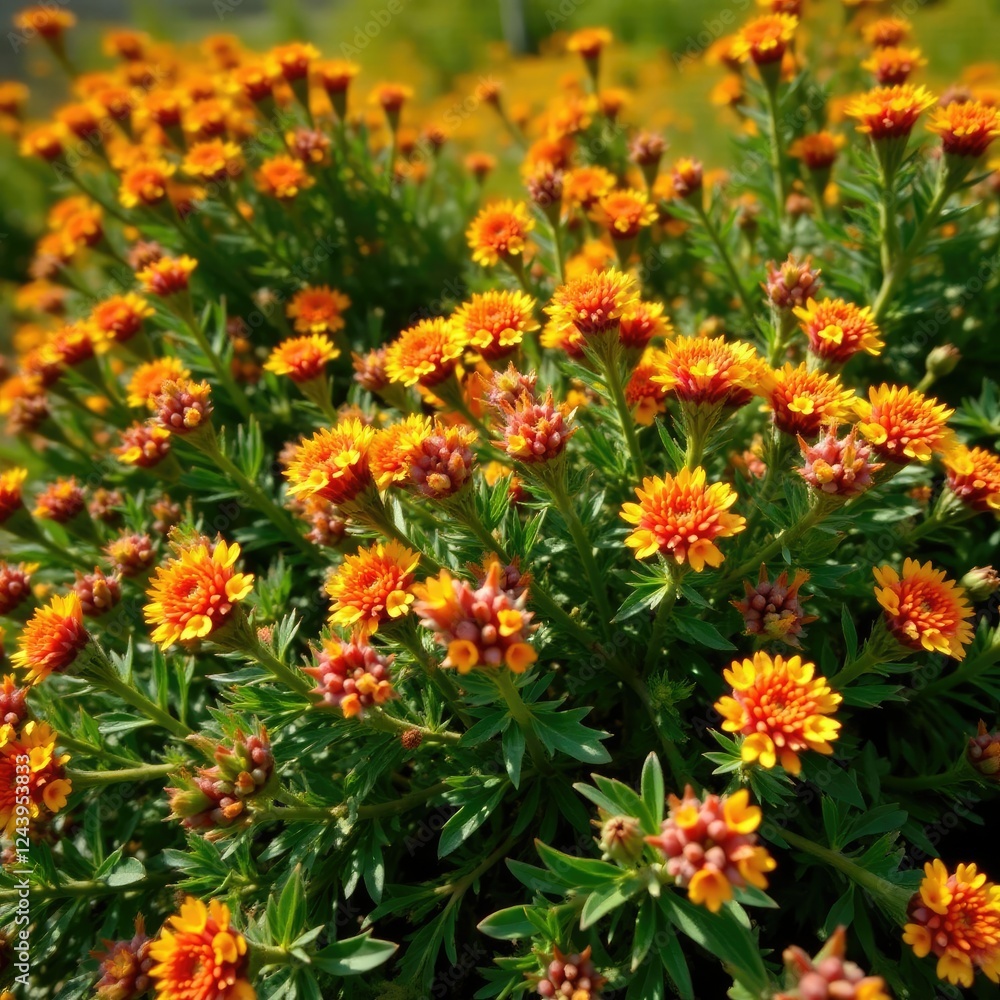 Dense thorny shrub with bright yellow and red flowers, flowering, khakiweed, red Dense thorny shrub with bright yellow and red flowers, flowering, khakiweed, red