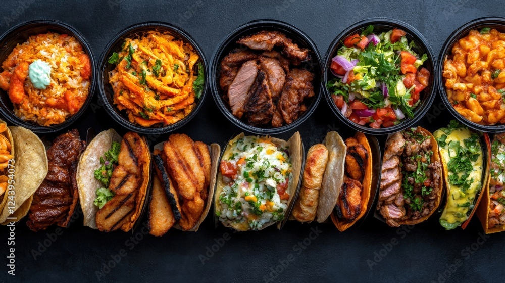 Variety of colorful tacos arranged on a wooden table with fresh ingredients and garnishes for a feast Variety of colorful tacos arranged on a wooden table with fresh ingredients and garnishes for a feast