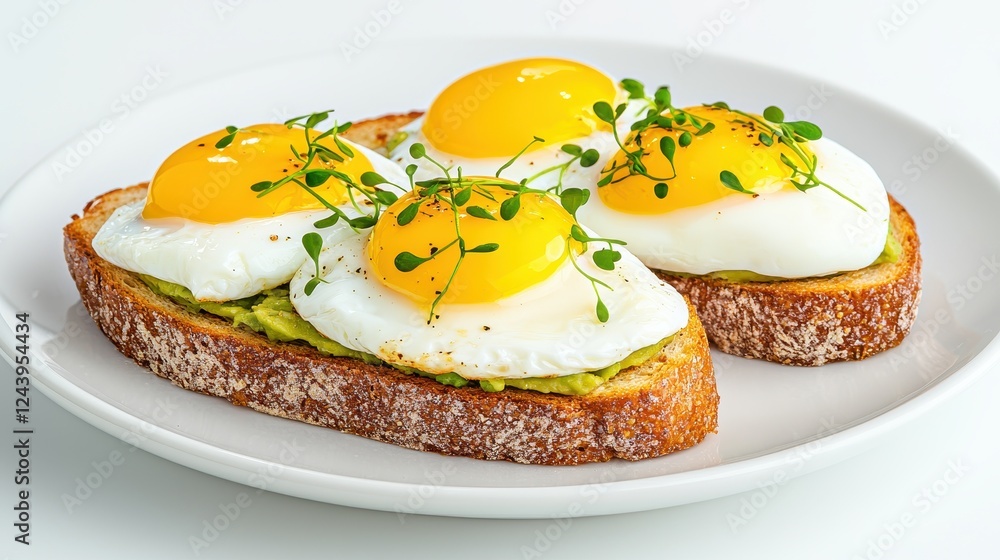 Delicious Avocado Toast with Poached Eggs and Microgreens on Rustic Bread Plate Delicious Avocado Toast with Poached Eggs and Microgreens on Rustic Bread Plate