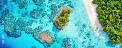 Aerial view of tropical island with lush foliage and beach. photo