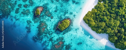 Aerial view of tropical island with lush foliage and beach. photo