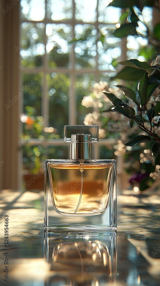 Sunlight Illuminates Amber Perfume Bottle on Glass Table Near Window Sunlight Illuminates Amber Perfume Bottle on Glass Table Near Window